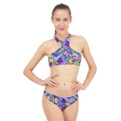 Blue Yellow Background Pattern Vector Texture Paisley High Neck Bikini Set