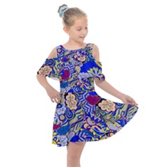 Blue Yellow Background Pattern Vector Texture Paisley Kids  Shoulder Cutout Chiffon Dress