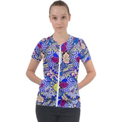 Blue Yellow Background Pattern Vector Texture Paisley Short Sleeve Zip Up Jacket