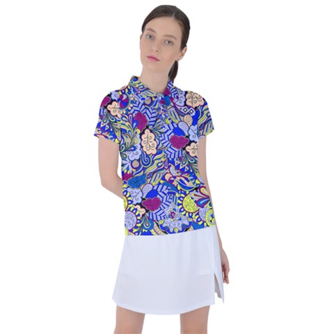 Blue Yellow Background Pattern Vector Texture Paisley Women s Polo Tee by Jancukart