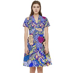 Blue Yellow Background Pattern Vector Texture Paisley Short Sleeve Waist Detail Dress