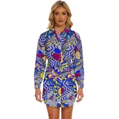 Blue Yellow Background Pattern Vector Texture Paisley Womens Long Sleeve Shirt Dress