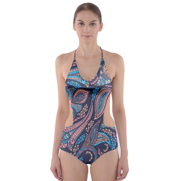 Background Ornament Paisley Cut-Out One Piece Swimsuit