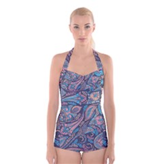 Background Ornament Paisley Boyleg Halter Swimsuit 