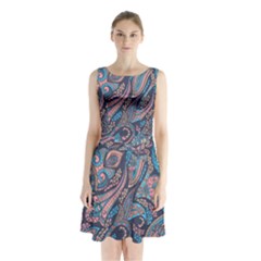 Background Ornament Paisley Sleeveless Waist Tie Chiffon Dress