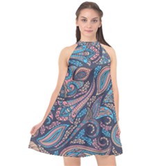 Background Ornament Paisley Halter Neckline Chiffon Dress 