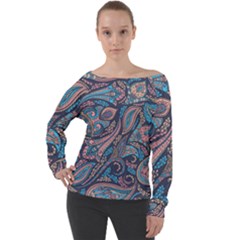 Background Ornament Paisley Off Shoulder Long Sleeve Velour Top