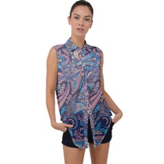 Background Ornament Paisley Sleeveless Chiffon Button Shirt