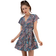 Background Ornament Paisley Flutter Sleeve Wrap Dress