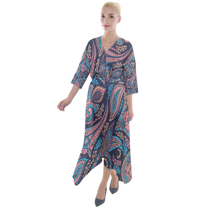 Background Ornament Paisley Quarter Sleeve Wrap Front Maxi Dress