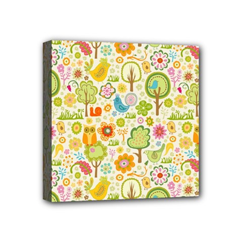 Nature Doodle Art Trees Birds Owl Children Pattern Multi Colored Mini Canvas 4  X 4  (stretched)