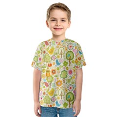 Nature Doodle Art Trees Birds Owl Children Pattern Multi Colored Kids  Sport Mesh Tee