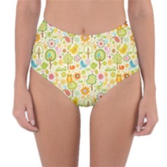 Nature Doodle Art Trees Birds Owl Children Pattern Multi Colored Reversible High-waist Bikini Bottoms