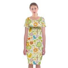 Nature Doodle Art Trees Birds Owl Children Pattern Multi Colored Classic Short Sleeve Midi Dress