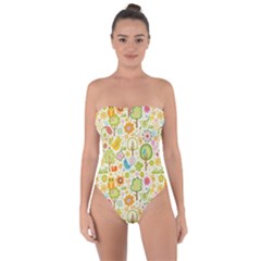 Nature Doodle Art Trees Birds Owl Children Pattern Multi Colored Tie Back One Piece Swimsuit