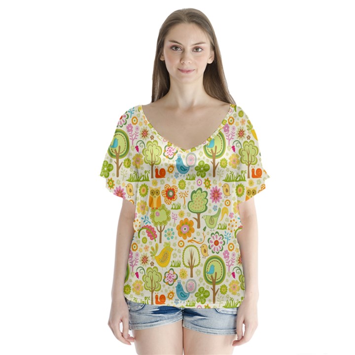 Nature Doodle Art Trees Birds Owl Children Pattern Multi Colored V-Neck Flutter Sleeve Top