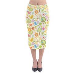 Nature Doodle Art Trees Birds Owl Children Pattern Multi Colored Velvet Midi Pencil Skirt