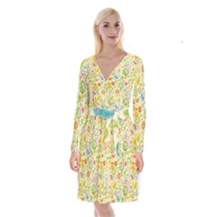 Nature Doodle Art Trees Birds Owl Children Pattern Multi Colored Long Sleeve Velvet Front Wrap Dress