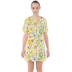 Nature Doodle Art Trees Birds Owl Children Pattern Multi Colored Sixties Short Sleeve Mini Dress