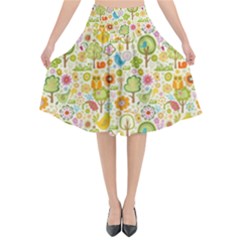 Nature Doodle Art Trees Birds Owl Children Pattern Multi Colored Flared Midi Skirt