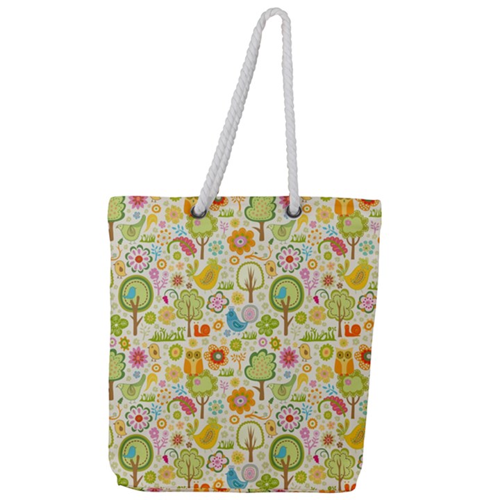 Nature Doodle Art Trees Birds Owl Children Pattern Multi Colored Full Print Rope Handle Tote (Large)