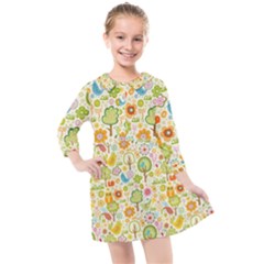 Nature Doodle Art Trees Birds Owl Children Pattern Multi Colored Kids  Quarter Sleeve Shirt Dress