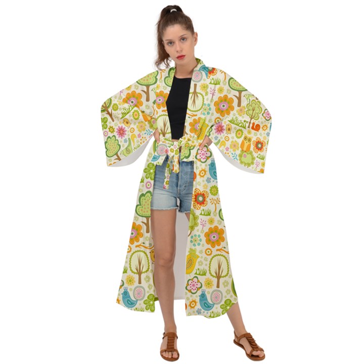 Nature Doodle Art Trees Birds Owl Children Pattern Multi Colored Maxi Kimono