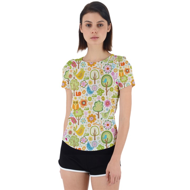 Nature Doodle Art Trees Birds Owl Children Pattern Multi Colored Back Cut Out Sport Tee