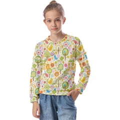 Nature Doodle Art Trees Birds Owl Children Pattern Multi Colored Kids  Long Sleeve Tee With Frill 