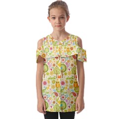 Nature Doodle Art Trees Birds Owl Children Pattern Multi Colored Fold Over Open Sleeve Top