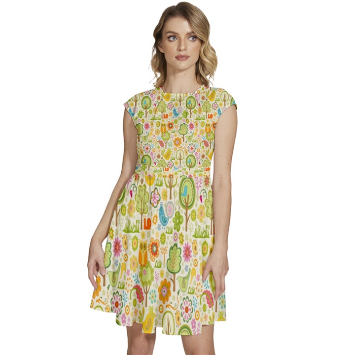 Nature Doodle Art Trees Birds Owl Children Pattern Multi Colored Cap Sleeve High Waist Dress