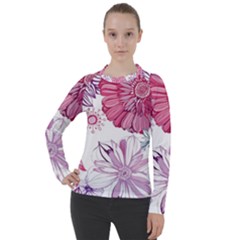 Red And Pink Flowers Vector Art Asters Patterns Backgrounds Women s Pique Long Sleeve Tee