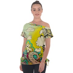 Doodle Wallpaper Artistic Surreal Off Shoulder Tie-up Tee