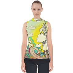 Doodle Wallpaper Artistic Surreal Mock Neck Shell Top