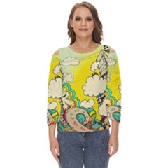 Doodle Wallpaper Artistic Surreal Cut Out Wide Sleeve Top