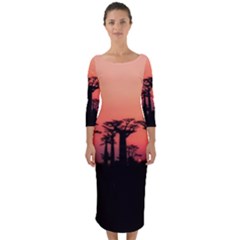 Baobabs Trees Silhouette Landscape Sunset Dusk Quarter Sleeve Midi Bodycon Dress