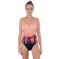 Baobabs Trees Silhouette Landscape Sunset Dusk Tie Back One Piece Swimsuit