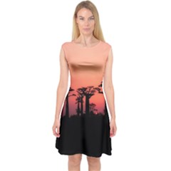 Baobabs Trees Silhouette Landscape Sunset Dusk Capsleeve Midi Dress