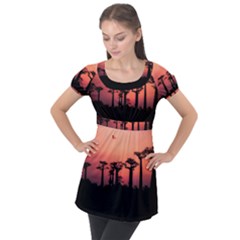 Baobabs Trees Silhouette Landscape Sunset Dusk Puff Sleeve Tunic Top