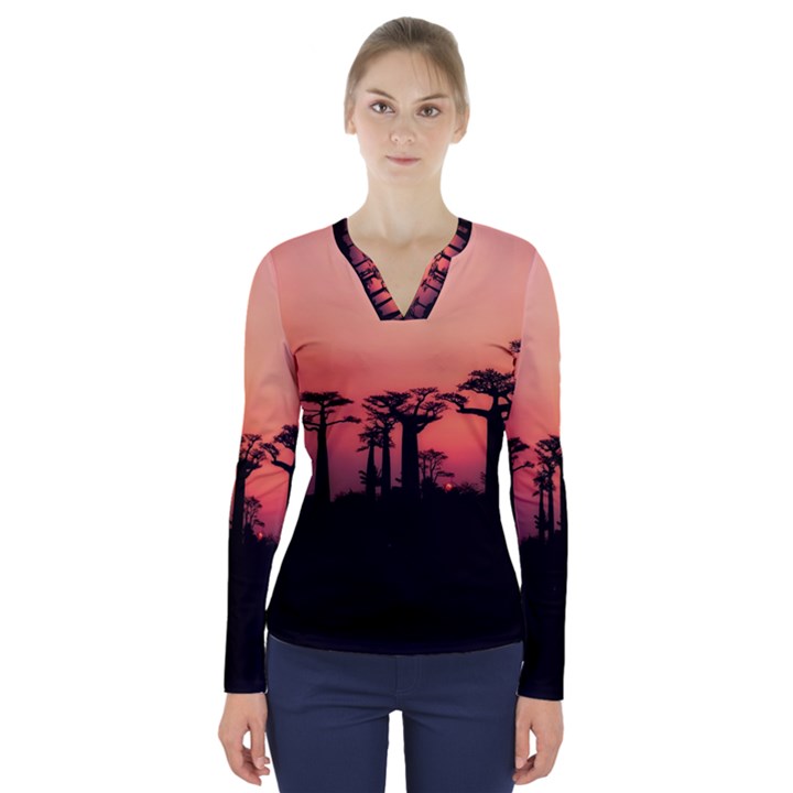 Baobabs Trees Silhouette Landscape Sunset Dusk V-Neck Long Sleeve Top