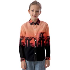 Baobabs Trees Silhouette Landscape Sunset Dusk Kids  Long Sleeve Shirt by Jancukart