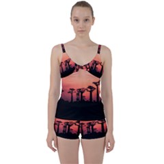 Baobabs Trees Silhouette Landscape Sunset Dusk Tie Front Two Piece Tankini