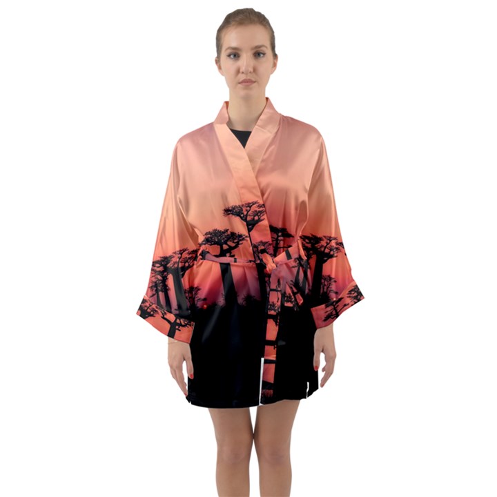 Baobabs Trees Silhouette Landscape Sunset Dusk Long Sleeve Satin Kimono