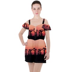 Baobabs Trees Silhouette Landscape Sunset Dusk Ruffle Cut Out Chiffon Playsuit by Jancukart