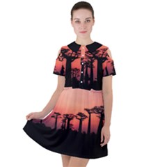 Baobabs Trees Silhouette Landscape Sunset Dusk Short Sleeve Shoulder Cut Out Dress 