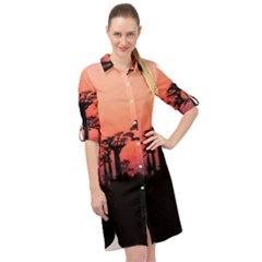 Baobabs Trees Silhouette Landscape Sunset Dusk Long Sleeve Mini Shirt Dress