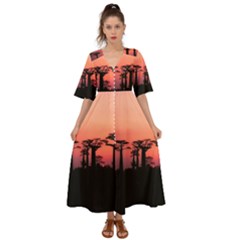 Baobabs Trees Silhouette Landscape Sunset Dusk Kimono Sleeve Boho Dress