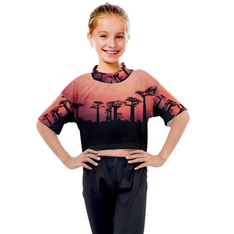 Baobabs Trees Silhouette Landscape Sunset Dusk Kids Mock Neck Tee by Jancukart