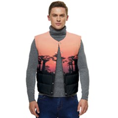 Baobabs Trees Silhouette Landscape Sunset Dusk Men s Short Button Up Puffer Vest	