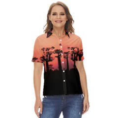 Baobabs Trees Silhouette Landscape Sunset Dusk Women s Short Sleeve Double Pocket Shirt